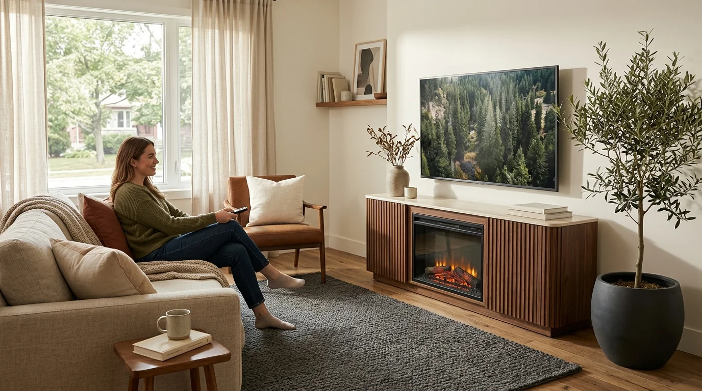 Luxury Fluted Fireplace TV Stand with Faux Marble Top